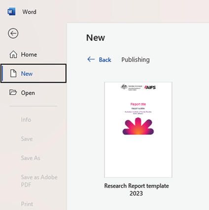 Screenshot of how to open an AIFS Research Report template in MS Word.