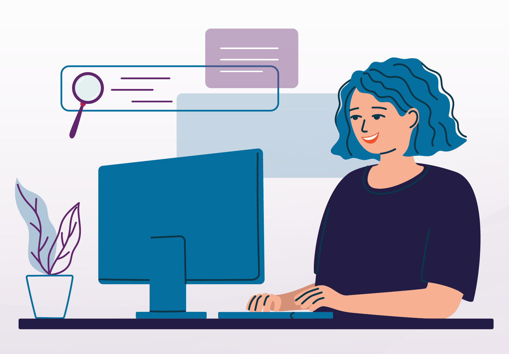 Vector image of a woman sitting at a desk using a computer