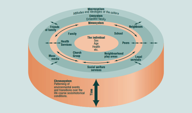 Figure 1. Bronfenbrenner's Social Ecology Model, described in surrounding text.