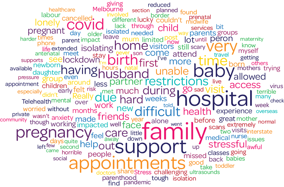 Figure 1: Word cloud showing most frequently used words in comments about pregnancy or new parenthood in 2020. Please read text description.