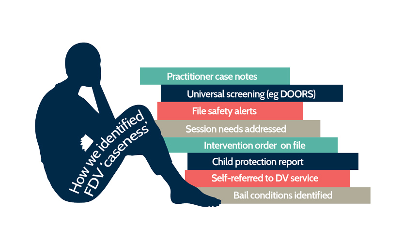 How we identified FDV 'caseness' - Practitioner case notes; Universal screening (eg DOORS); File safety alerts; Session needs addressed; Intervention order on file; Child protection report; Self-referred to DV service; Bail conditions identified.