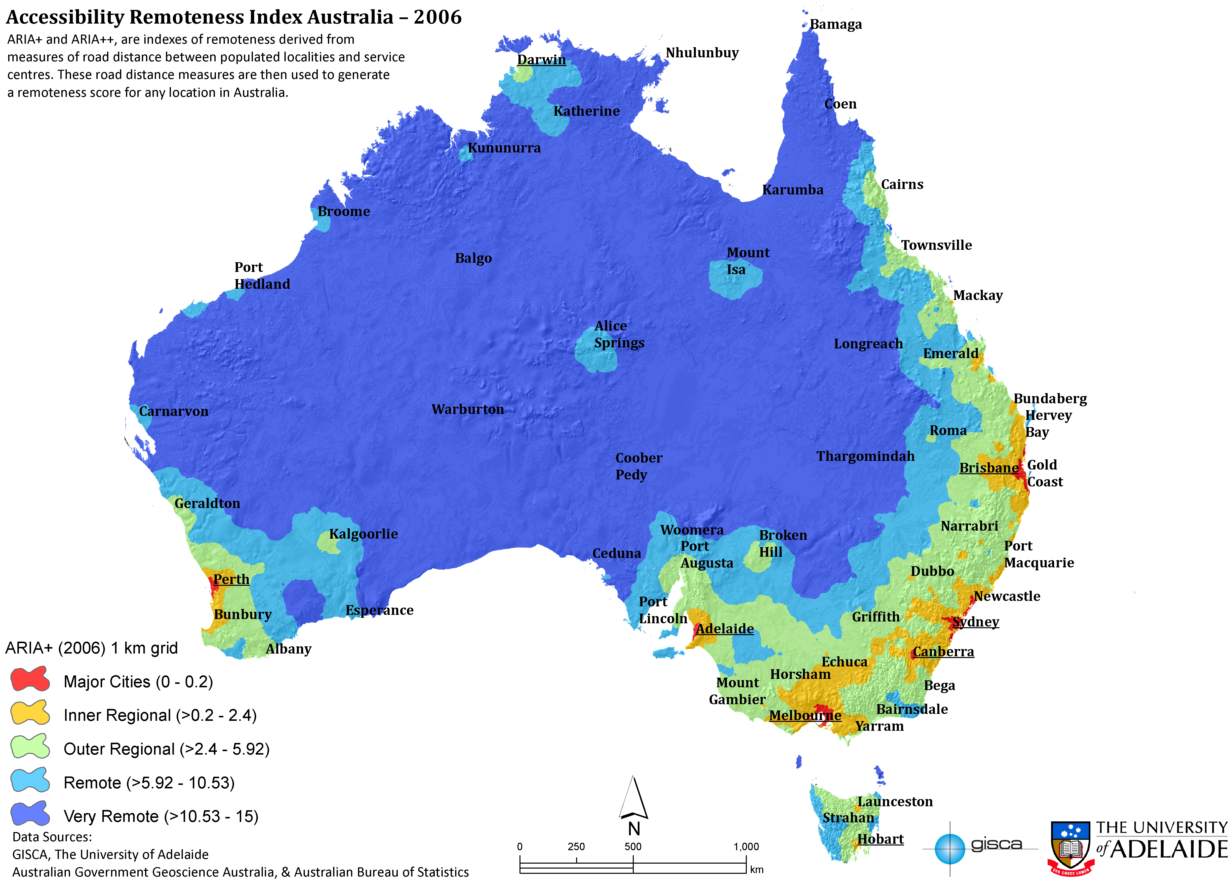 Figure 1: Geographic remoteness in Australia (large) Figure 1: Geographic remoteness in Australia (large image) - as described in text.