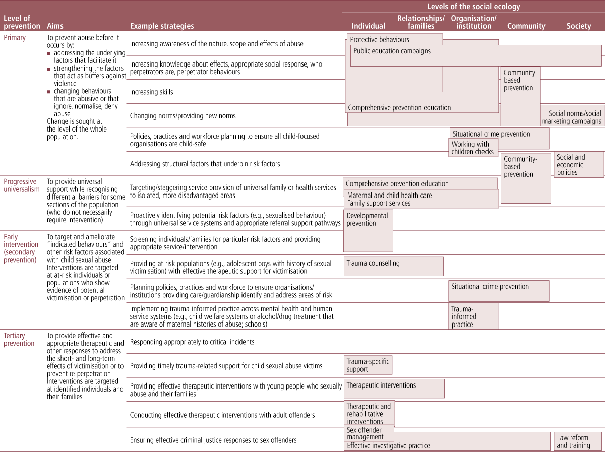 Matrix of prevention approaches within a public health model.