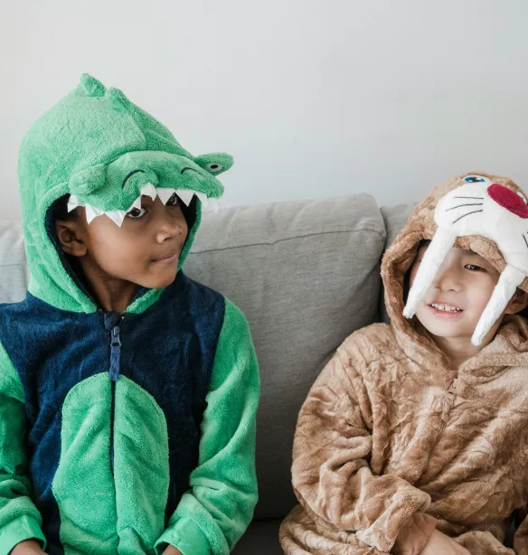 Two boys in animal costumes sitting together on a sofa indoors.