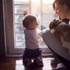 Young mother enjoying with her son and puppy in the late evening.
