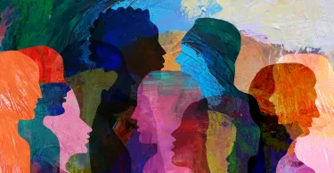 Group of diverse people profile view hand drawn silhouettes talking
