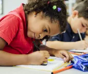 Close-up of young Hispanic schoolgirl sitting at classroom table and concentrating on drawing with colored pencils.