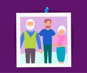 Graphic of a young man standing with his arms around his parents