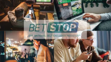 A collage shows people betting online and watching sports, overlaid with the BetStop logo and the text “The National Self-Exclusion Register.”