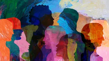 Group of diverse people profile view hand drawn silhouettes talking