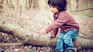 Toddler in a forest sitting on a log of wood
