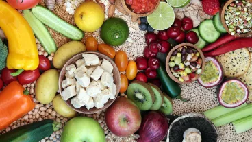 Photo of fruits, vegetables and dips - vegan plant based health food for fitness