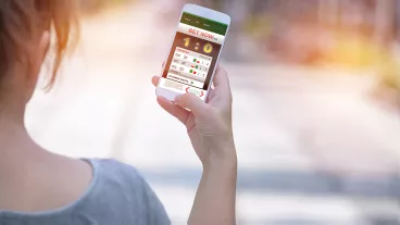 Betting on sports, holding smart phone with working online betting mobile application