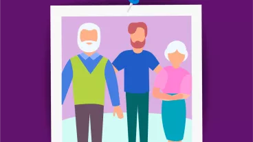 Graphic of a young man standing with his arms around his parents