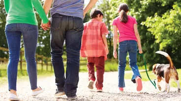 An image of a couple holding hands and two young children walking a dog.