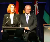 A photograph of former Australian PM Julia Gillard and current PMScott Morrisson 